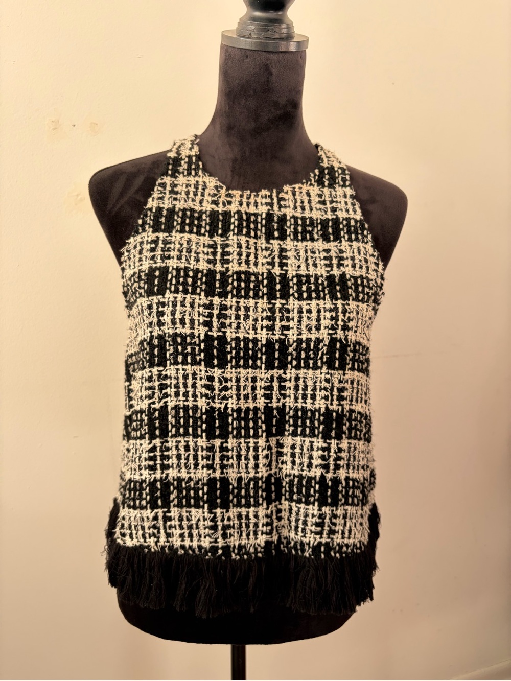 Zara Woman Black White Tweed Plaid Fringe Hem Halter Tank Top Size Large